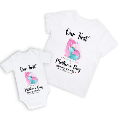 Our First Mother's Day Mom and Baby Set/Matching Shirt, Mummy and Baby Gift, Mama Baby Dinosaurs, T-shirt Bodysuit Romper Babygrow Vest Set, New Mom Gift, Mother's Day Gift