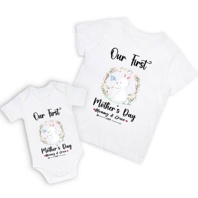 Our First Mother's Day Mom and Baby Set/Matching Shirt, Mummy and Baby Gift, Mama Baby Bunnies, T-shirt Bodysuit Romper Babygrow Vest Set, New Mom Gift, Mother's Day Gift