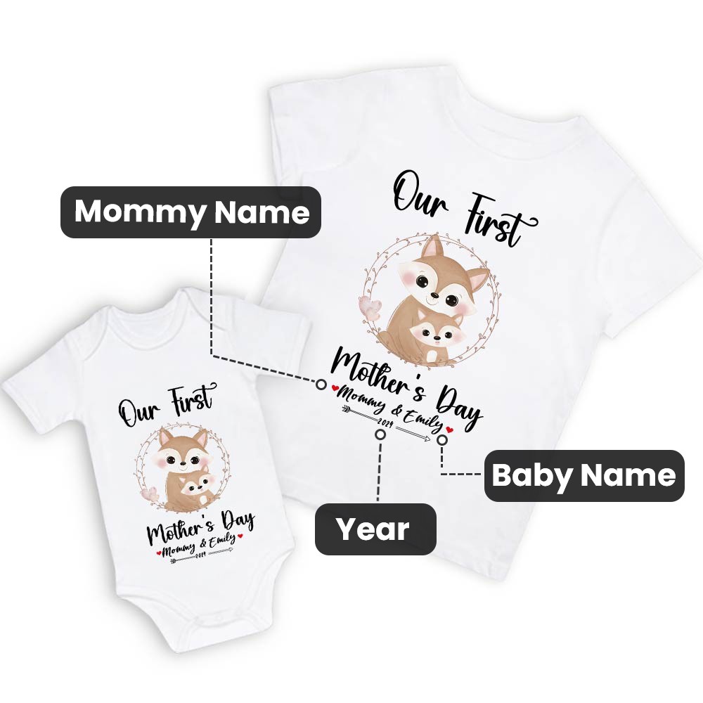 Our First Mother's Day Mom and Baby Set/Matching Shirt, Mummy and Baby Gift, Mama Baby Foxes, T-shirt Bodysuit Romper Babygrow Vest Set, New Mom Gift, Mother's Day Gift