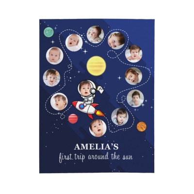 Personalized Baby's First Trip Around the Sun Blanket, Customized Photo & Name Birthday Memorial Blanket, Baby Show Gift, Gift for Newborn/Baby
