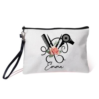 Personalized Name Barber Floral Cosmetic Bag, Linen Travel Makeup Pouch with Wrist Strap, Salon Favor, Gift for Hairstylist/Hairdresser/Cosmetologist