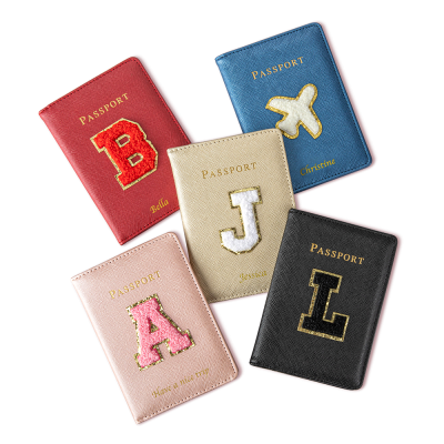 Custom Name Leather Letter Patch Passport Cover, Chenille Letter Patch Passport Cover with Sequins Initial, Birthday Gift for Traveler/Friends/Family