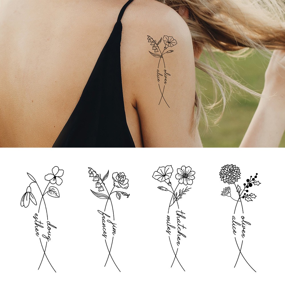 Personalized 2 Name & 2 Birth Flowers Tattoos Designs, Temporary Tattoo Sticker, Digital Downloadable, Gift for Couple/Best Friend/Family