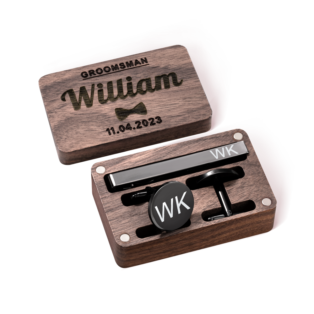 Personalized Engraved Monogram Tie Clip and Cufflink Set with Wooden Box, Groomsmen Cufflinks, Wedding Birthday Gift for Men Groomsmen