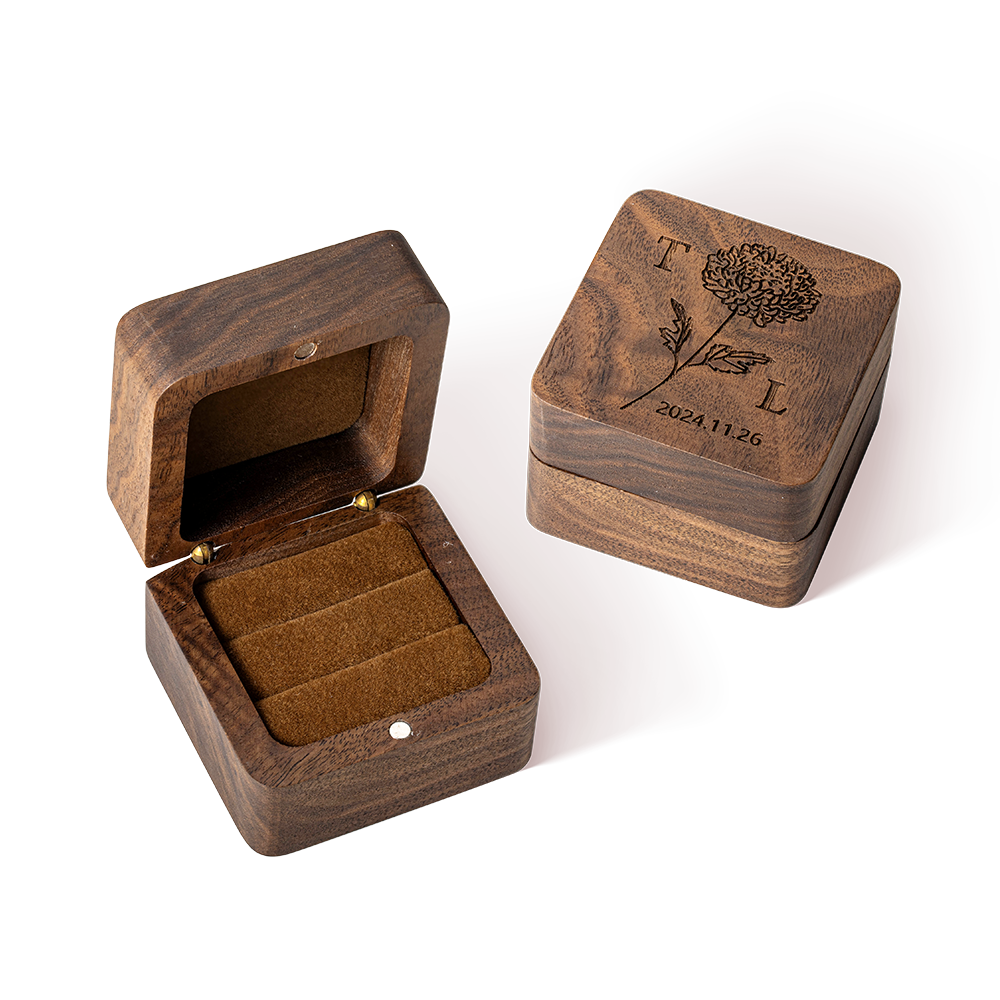 Personalized Wooden Engraved Birth Flower Ring Box, Engagement Proposal Ring Holder for 2 Rings, Wedding/Valentine's Day Gift for Couple/Newlywed