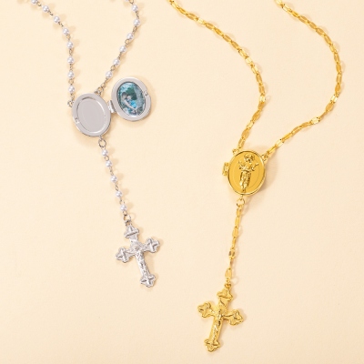 Aangepaste foto medaillon kruis hanger rozenkrans ketting, religieuze sieraden, herinnering sterfgeval, doop religieuze gift, Memorial cadeau voor vrouwen