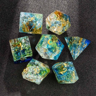 Zircon Glass Blast Dice Set, Blue Yellow Green Glass Blast Gem DND Dice Set, Gemstone Dice Set, Blue Dice Set, Green Dice Set, Blue and Green Dice Set