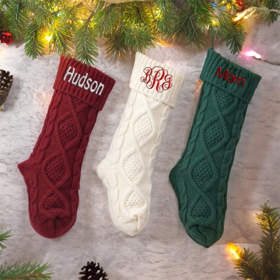 Personalized Name Christmas Stocking, Family Knitting Stocking Embroidered with Name/Monogram, Holiday Home Decor, Christmas Gift for Family/Friends
