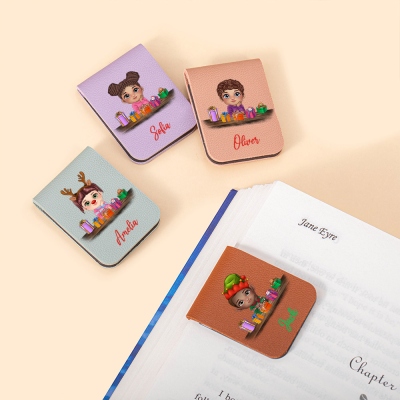 Personalized Christmas Cartoon Kid Bookmark with Reindeer Headdress, Mini Magnetic Leather Bookmark, Christmas Gift for Bookworm/Boy/Girl