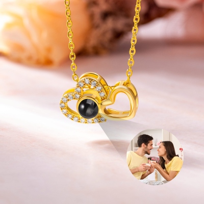 Custom Double Hearts Photo Projection Necklace with Cubic Zirconia, Sterling Silver 925 Jewelry, Birthday/Anniversary/Valentine's Day Gift for Her/Mom