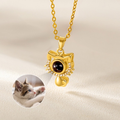 Custom Photo Projection Cat Pendant Necklace with Cubic Zirconia, Sterling Silver 925 Pet Memorial Jewelry, Pet Loss Sympathy Gift for Cat Mom/Dad