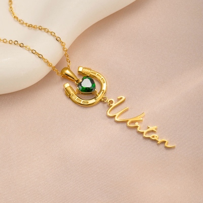 Custom Name Horseshoe Necklace with Heart Birthstone, Sterling Silver 925 Lucky Heart Name Necklace, Birthday Gift for Her/Mom/Friends/Horse Lovers
