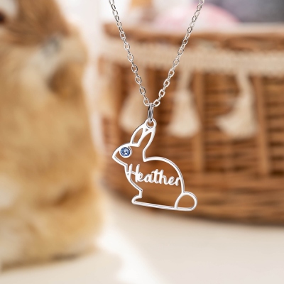 Personalized Rabbit Necklace, Custom Name & Birthstone Bunny Pendant Necklace, Sterling Silver 925 Jewelry, Minimalist/Easter Gift for Women/Girls