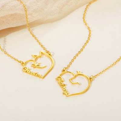 Personalized Name Pet Heart Necklace, Heart Cat/Dog Silhouette Pendant Necklace, Sterling Silver 925 Pet Memorial Jewelry, Gift for Pet Lovers/Owners