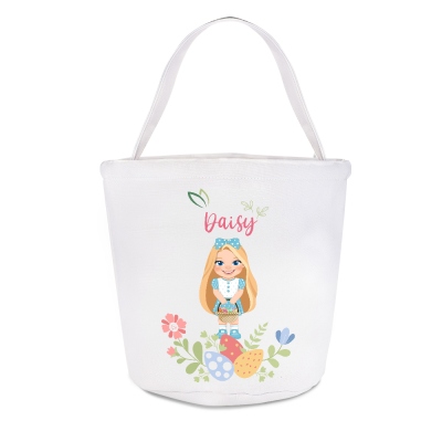Custom Name Cartoon Floral Girl Character Easter Basket, Easter Egg Hunt Bucket Bag, Large Capacity Canvas Goodie Bag, Easter Gift for Kids/Girls