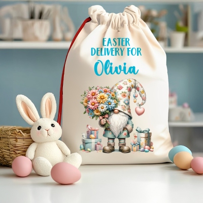 Personalisierte Ostertasche mit mehreren Wichtel-Designs, Hasenkorb mit individuellem Namen, wiederverwendbare Eiersuchtasche für Kinder und Familie