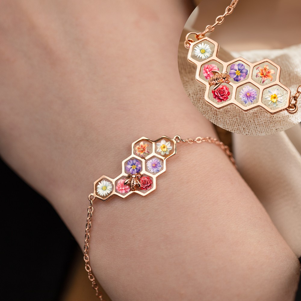 Customizable Birth Month Flower Honeycomb Bracelet,  Unique Gift for Mom, Grandma, or Loved Ones