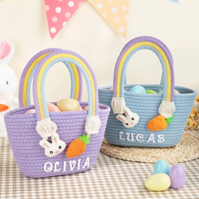 Personalized Name Bunny Carrot Easter Basket, Easter Egg Hunt Bucket Bag with Rainbow Handle, Cotton Goodie Favor Bag, Easter Gift for Kids/Boys/Girls