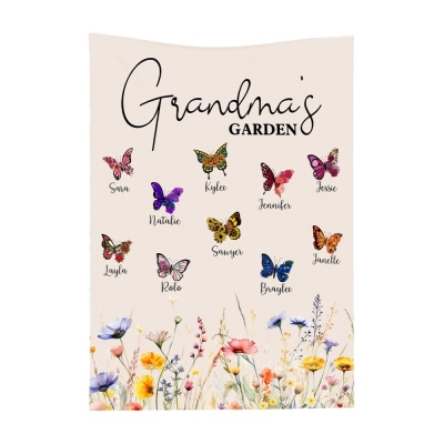 Personalized Birth Month Butterflies of Grandma's Garden Blanket with Names, Flannel/Sherpa Soft Bed Couch Throw, Mother's Day Gift for Mom/Grandma