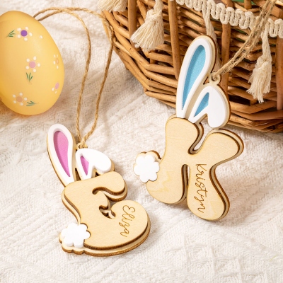 Personalized Name Easter Alphabet Bunny Ornament, Wooden Engraved Easter Basket Tag, Easter Egg Hunt Label, Easter Gift for Kids/Boys/Girls/Family