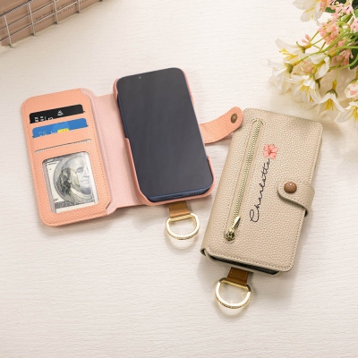 Personalized Name Birth Flower Leather Flip Phone Case for iPhone, RFID Blocking Wallet Case with Card Holder & Keyring, Gift for Family/Friends