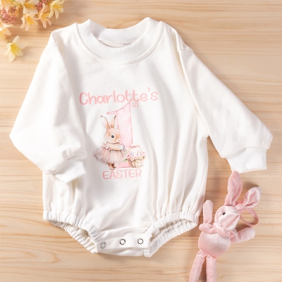 Personalized Name Baby's First Easter Bodysuit, Bunny Design Cotton Long Sleeve Baby Onesie with Headband & Socks, Easter Gift for Newborns/Infants
