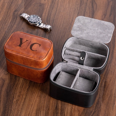 Custom Leather Travel Watch Storage Case, Ring Cufflink Jewelry Storage Box with Wrist Strap, Valentine's Day/Father's Day Gift for Dad/Boyfriend/Him