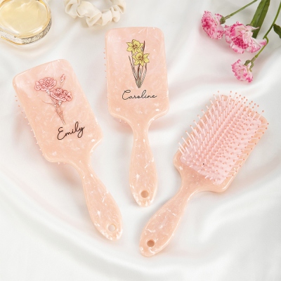 Personalized Name Birth Flower Hair Brush, Floral Detangling Brush, Bridal Shower Favor, Birthday/Mother's Day/Wedding Gift for Her/Mom/Bridesmaids
