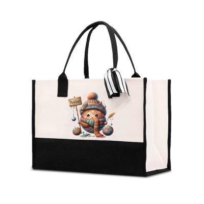 Custom Name Cartoon Beanie Scarf Yarn Ball Tote Bag, Large Capacity Canvas Tote Bag for Crochet, Birthday/Mother's Day Gift for Knitting Lovers/Women