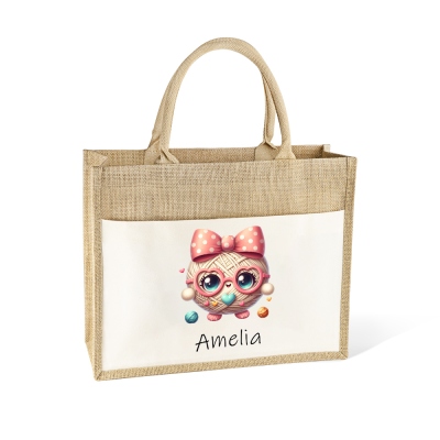 Personalized Name Cartoon Yarn Ball Tote Bag, Large Capacity Jute Handbag with Cotton Pocket, Birthday/Mother's Day Gift for Knitting Lovers/Her/Mom