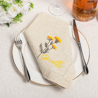 Personalized Name Birth Flower Handkerchief, Linen Wild Flower Ladies' Handkerchief, Wedding Gift for Bride, Gift for Her/Women