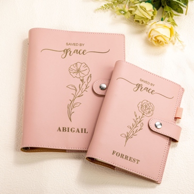 Personalized Birth Flower & Name Leather Prayer Journal, Bible Study Notebook, Gratitude Journal, Birthday/Mother's Day Gift for Christian Women