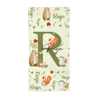 Personalized Name Woodland Animals Beach Towel with Initial, Quick Dry Bath Towel, Vacation/Beach/Pool Party Favor, Gift for Animal Lovers/Kids