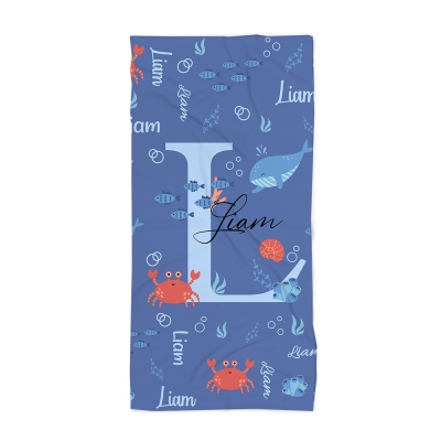 Personalized Name Sea Animals Beach Towel with Initial, Quick Dry Bath Towel, Vacation/Beach/Pool Party Favor, Gift for Marine Lovers/Kids/Family