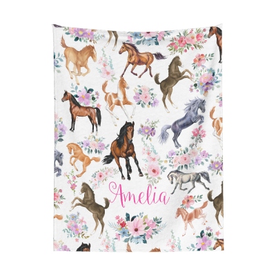 Personalized Floral Horse Blanket with Name, Flannel Fleece Soft Bed Couch Throw, Birthday/Baby Shower Gift for Horse Lovers/Kids/Boys/Girls