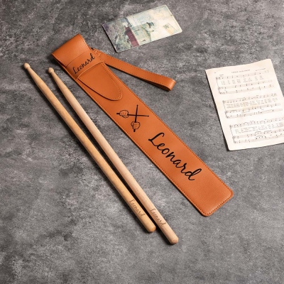 Personalized Name & Pattern Leather Drumstick Bag, Hangable Travel Drumstick Holder Pouch, Music Accessory, Birthday Gift for Drummer/Band/Musician
