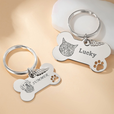 Personalized Name Engraved Dog Bone Keychain with Wing, Custom Pet Portrait Memorial Keychain, Pet Keepsake, Gift for Pet Lover/Owner/Dog Mom