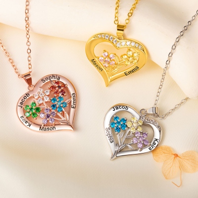 Personalized Family Garden Heart Necklace with Names & Birthstones, Sterling Silver 925 Family Necklace, Birthday/Mother's Day Gift for Mom/Grandma
