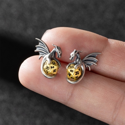 DND Small D20 Dice Dragon Stud Earrings and Necklace Set, Tiny Dragon Earrings, Brass Stud Earrings and Necklace, Jewelry Gift for Dragon Lovers