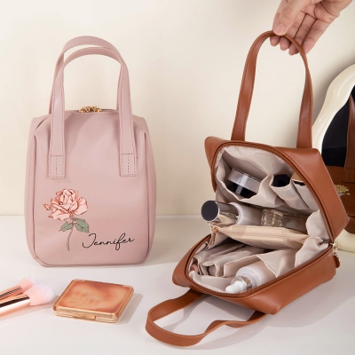 Personalized Name Birth Flower Mini Makeup Pouch with Compartments, PU Leather Travel Toiletry Bag, Cosmetic Bag with Handle & Zipper, Gift for Women