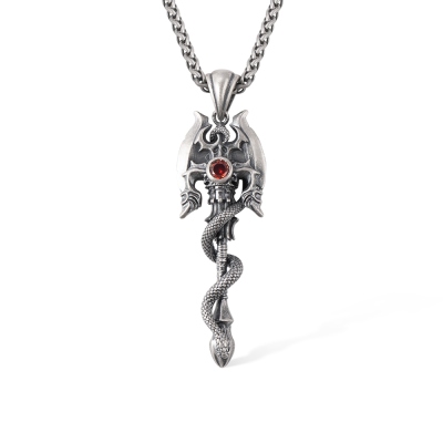 Personalized Gothic Snake Around Axe Necklace with Birthstone, Vintage Sterling Silver Gemstone Jewelry, Birthday/Anniversary Gift for Gothic Lovers