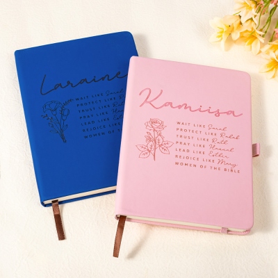 Custom Name Birth Flower Bible Verses Notebook, A5 Leather Floral Prayer Journal, Devotional Bible Study Notebook, Christian Gift for Women/Girls