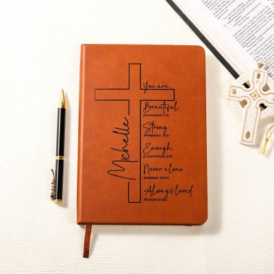 Personalized Cross Bible Verses Leather Notebook with Name, A5 Prayer Journal, Devotional Bible Study Notebook, Christian Gift for Family/Friends