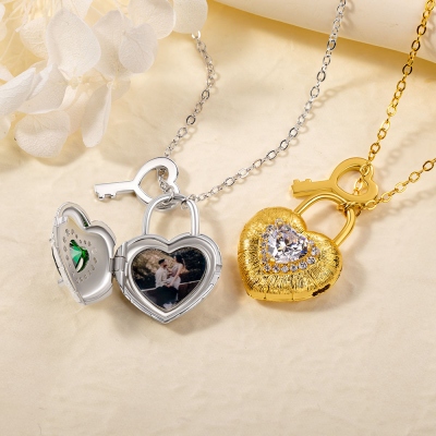 Personalized Photo Heart Lock Necklace with Birthstone, Love Padlock & Key Locket Necklace, Anniversary/Valentine's Day Gift for Her/Wife/Couple