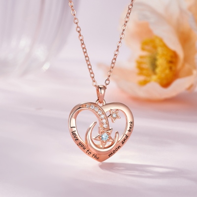 Personalized Engraved Moon & Star Heart Necklace with Birthstone, Sterling Silver 925 Jewelry, Valentine's Day/Mother's Day Gift for Her/Wife/Mom