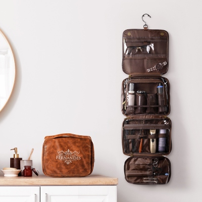 Personalized Name Leather Toiletry Bag for Man, Hanging Travel Organizer Bag with Multi-compartments, Birthday/Father's Day Gift for Dad/Husband/Him