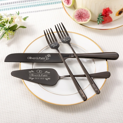 Personalized Engraved Wedding Cake Cutting Set of 2, Custom Name Date Knife Fork with Gift Box, Bridal Party Favor, Gift for Couple/Newlywed