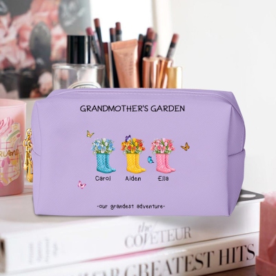 Personalized Garden Boots Women's Toiletry Bag with Names, PU Leather Travel Makeup Bag with Zipper, Birthday/Mother's Day Gift for Her/Mom/Grandma