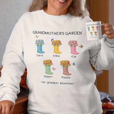 Personalized Floral Garden Boots Sweatshirt, Mom's/Grandma's Crewneck Sweatshirt with Kids' Names, Birthday/Mother's Day Gift for Her/Mom/Grandma