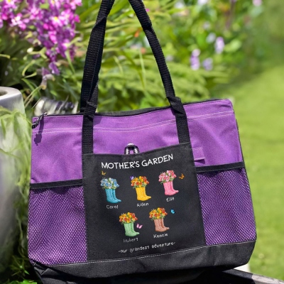 Custom Names Floral Garden Boots Tote Bag, Large Capacity Oxford Cloth Women's Handbag with Mesh Pocket, Birthday/Mother's Day Gift for Mom/Grandma